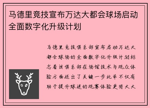 马德里竞技宣布万达大都会球场启动全面数字化升级计划